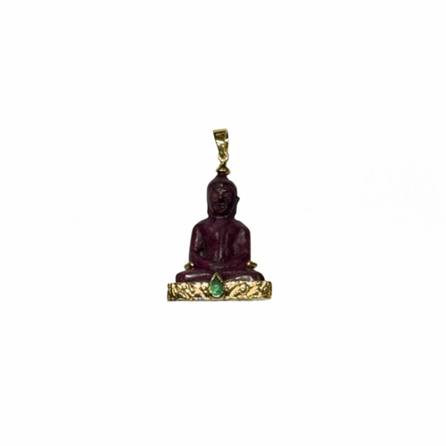 JP0122K - Carved Ruby Buddha with Cabuchon Emerald Pendant Set in 18K Gold Setting