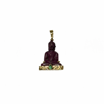 JP0122K - Carved Ruby Buddha with Cabuchon Emerald Pendant Set in 18K Gold Setting