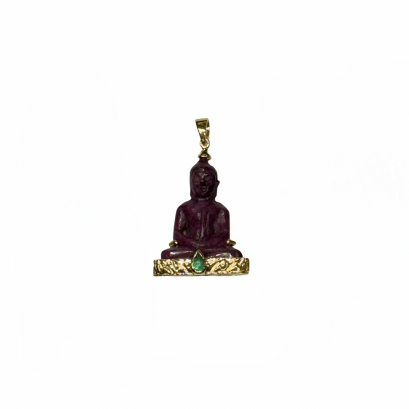 JP0122K - Carved Ruby Buddha with Cabuchon Emerald Pendant Set in 18K Gold Setting