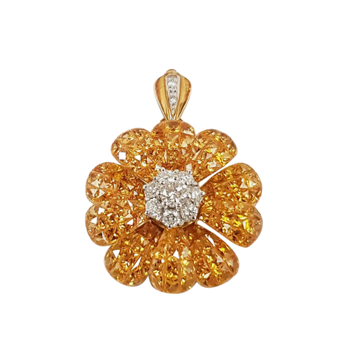 JPB6071 - Invisible Set Yellow Sapphire with Diamond Flower Brooch or Pendant Set in 18 Karat Gold