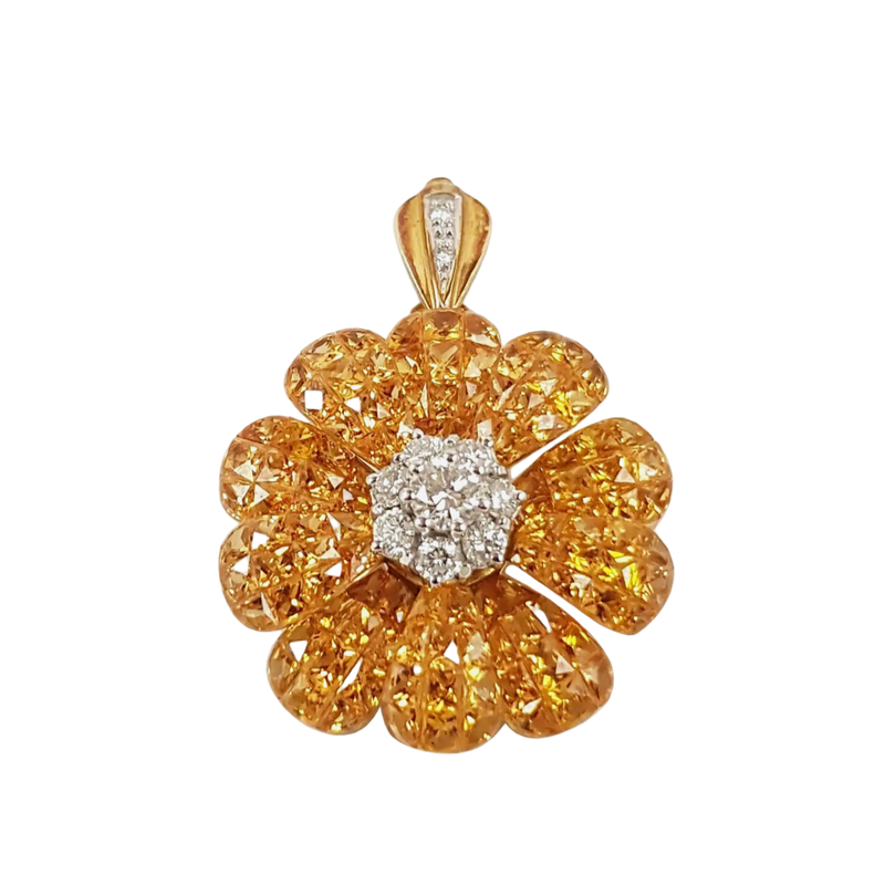 JPB6071 - Invisible Set Yellow Sapphire with Diamond Flower Brooch or Pendant Set in 18 Karat Gold