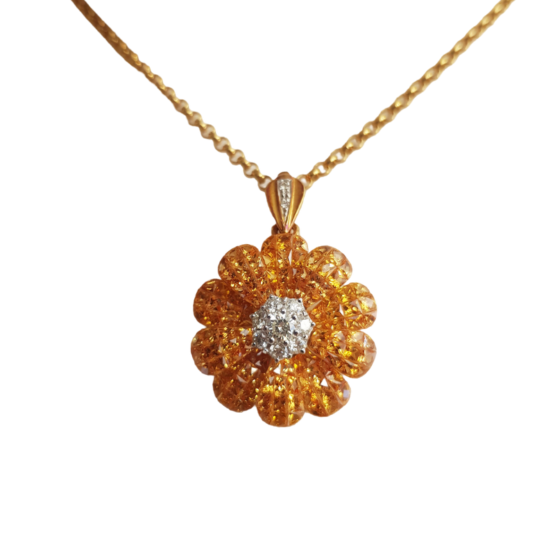 JPB6071 - Invisible Set Yellow Sapphire with Diamond Flower Brooch or Pendant Set in 18 Karat Gold