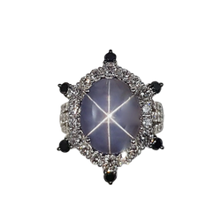 JR0940R - Blue Star Sapphire with Black & White Diamond Ring in 18 Karat White Gold Setting