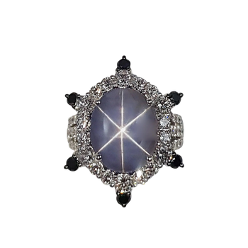 JR0940R - Blue Star Sapphire with Black & White Diamond Ring in 18 Karat White Gold Setting