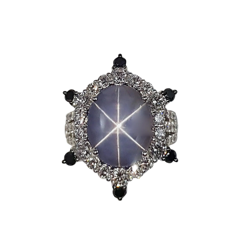 JR0940R - Blue Star Sapphire with Black & White Diamond Ring in 18 Karat White Gold Setting