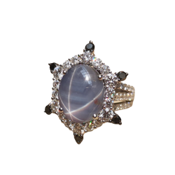 JR0940R - Blue Star Sapphire with Black & White Diamond Ring in 18 Karat White Gold Setting