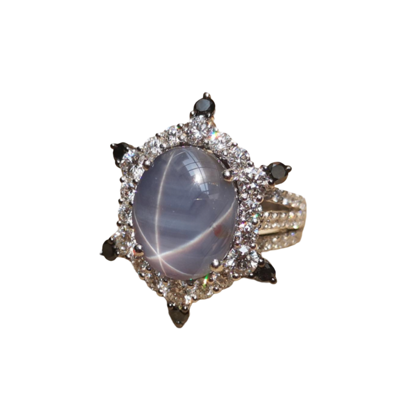 JR0940R - Blue Star Sapphire with Black & White Diamond Ring in 18 Karat White Gold Setting