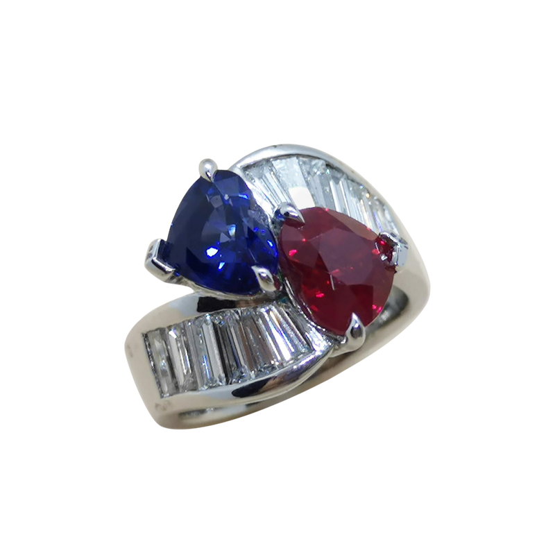 JR0953Y - GIA Certified Heart Shape Burmese Ruby, Sapphire with Diamond Ring Set in Platinum Setting