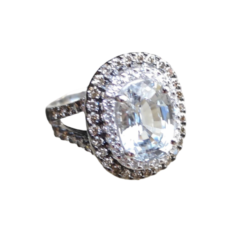JR0437TK - White Sapphire with Brown & White Diamond Ring Set in 18K White Gold Setting