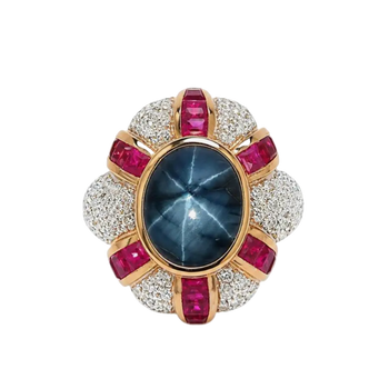 JR0366K - Blue Star Sapphire, Ruby, and Diamond Ring Set in 18K Rose Gold Setting