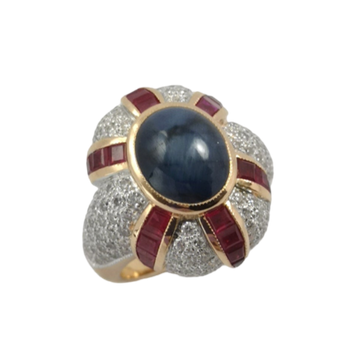 JR0366K - Blue Star Sapphire, Ruby, and Diamond Ring Set in 18K Rose Gold Setting