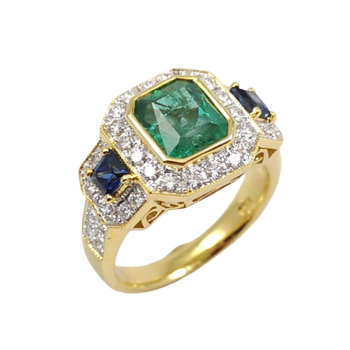JR0350K - Emerald, Blue Sapphire, and Diamond Ring Set in 18K Gold Setting