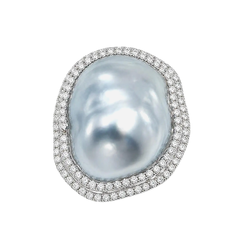 JR0518L - Baroque South Sea Pearl with Diamond Ring set in 18K White Gold Setting