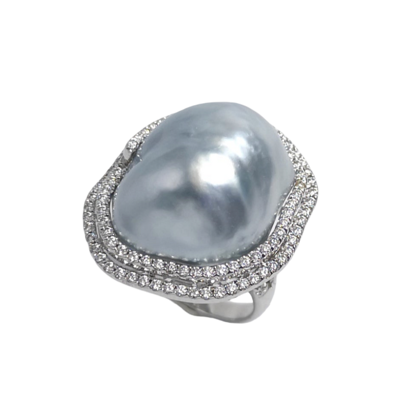 JR0518L - Baroque South Sea Pearl with Diamond Ring set in 18K White Gold Setting