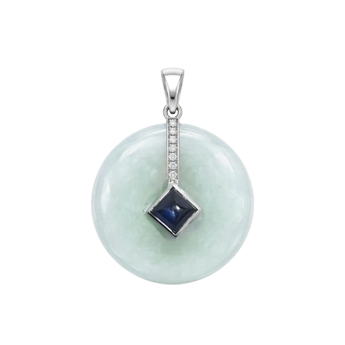 JP0214L - Jade Disc with Sugarloaf Blue Sapphire& Diamond Pendant set in 18K White Gold Setting