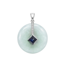 JP0214L - Jade Disc with Sugarloaf Blue Sapphire& Diamond Pendant set in 18K White Gold Setting