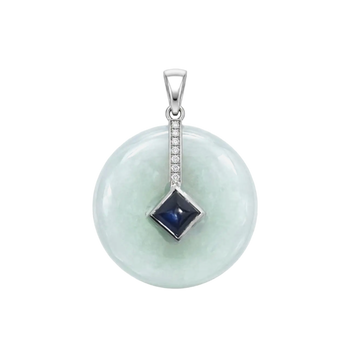 JP0214L - Jade Disc with Sugarloaf Blue Sapphire& Diamond Pendant set in 18K White Gold Setting