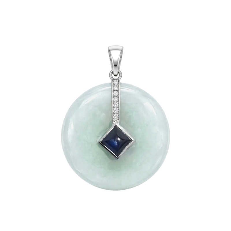 JP0214L - Jade Disc with Sugarloaf Blue Sapphire& Diamond Pendant set in 18K White Gold Setting