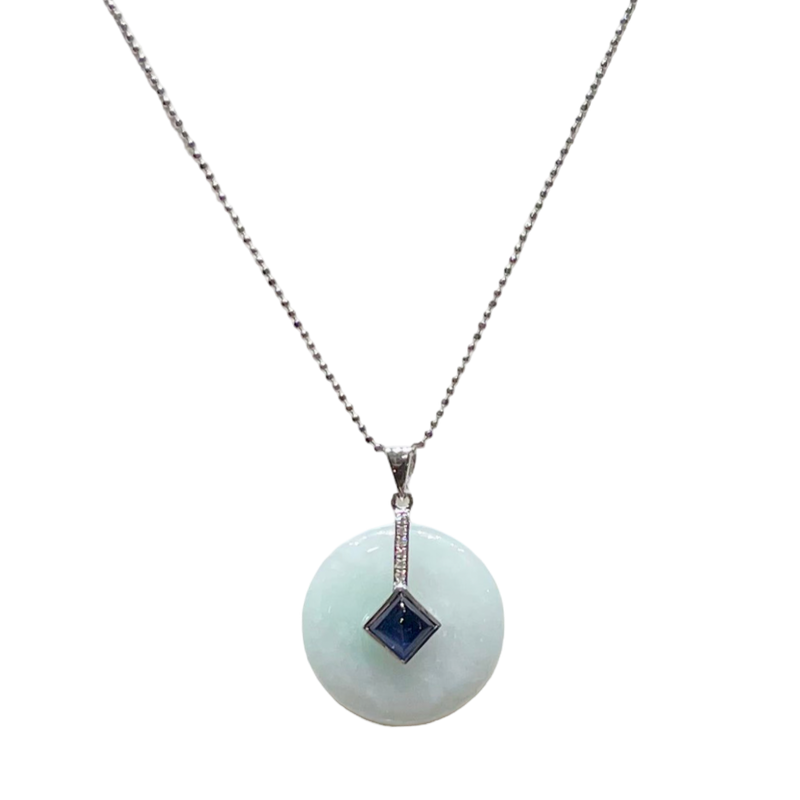 JP0214L - Jade Disc with Sugarloaf Blue Sapphire& Diamond Pendant set in 18K White Gold Setting