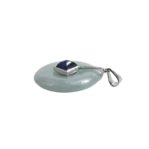 JP0214L - Jade Disc with Sugarloaf Blue Sapphire& Diamond Pendant set in 18K White Gold Setting