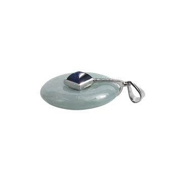 JP0214L - Jade Disc with Sugarloaf Blue Sapphire& Diamond Pendant set in 18K White Gold Setting