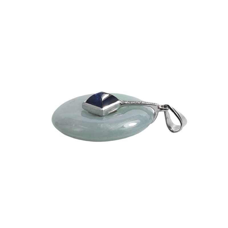 JP0214L - Jade Disc with Sugarloaf Blue Sapphire& Diamond Pendant set in 18K White Gold Setting