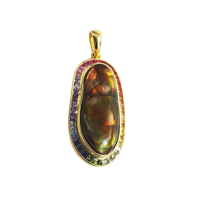 JP0231L - Fire Agate with Fancy Sapphire Pendant set in 18K Gold Setting