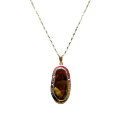 JP0231L - Fire Agate with Fancy Sapphire Pendant set in 18K Gold Setting