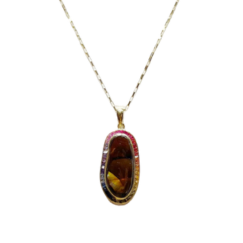 JP0231L - Fire Agate with Fancy Sapphire Pendant set in 18K Gold Setting