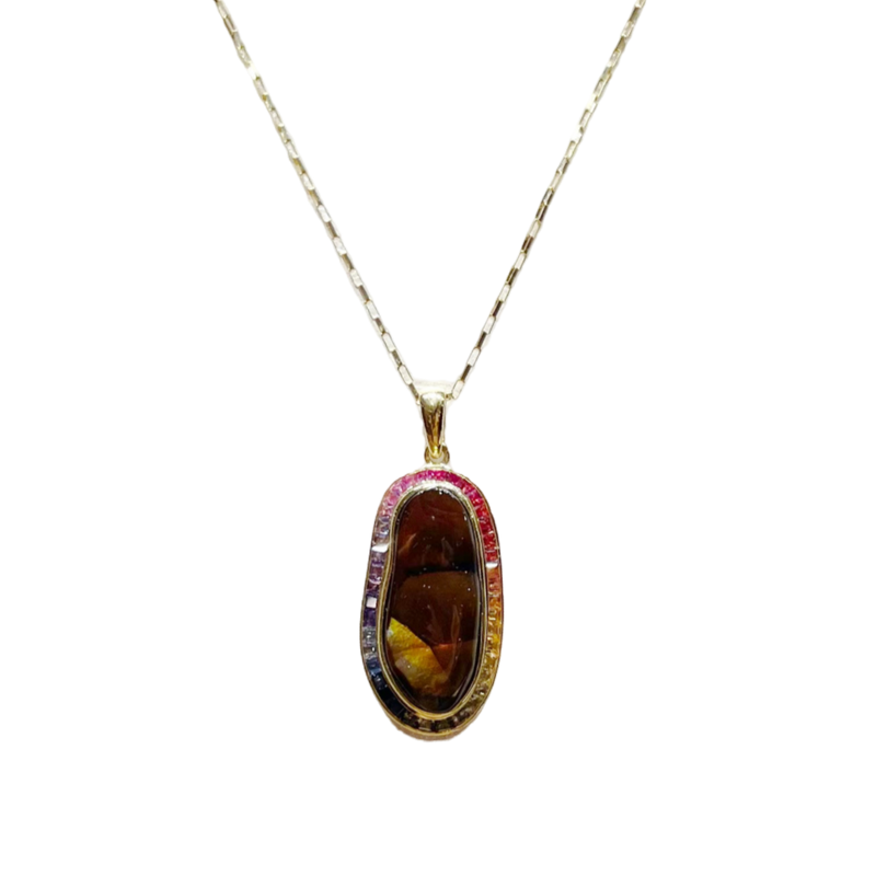 JP0231L - Fire Agate with Fancy Sapphire Pendant set in 18K Gold Setting