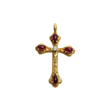 JP0254L - Cabochon Ruby with Diamond Cross Pendant set in 18K Gold Setting