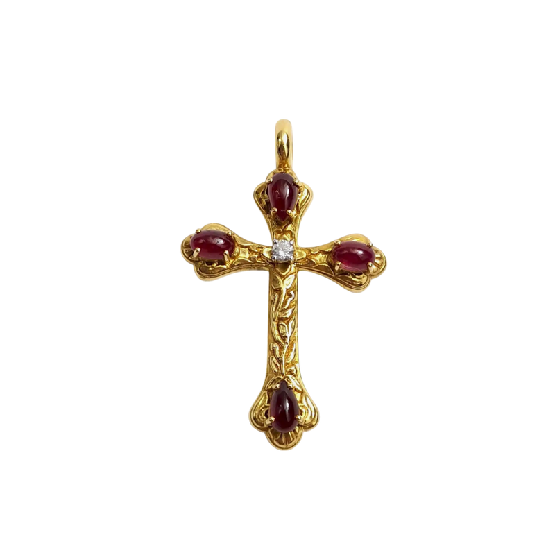 JP0254L - Cabochon Ruby with Diamond Cross Pendant set in 18K Gold Setting