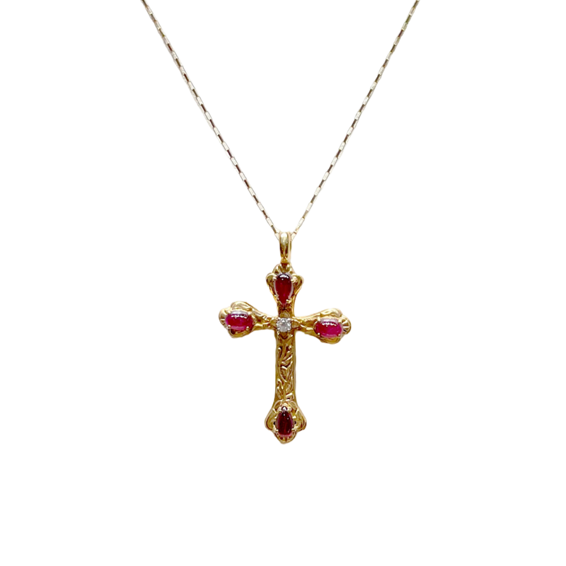 JP0254L - Cabochon Ruby with Diamond Cross Pendant set in 18K Gold Setting