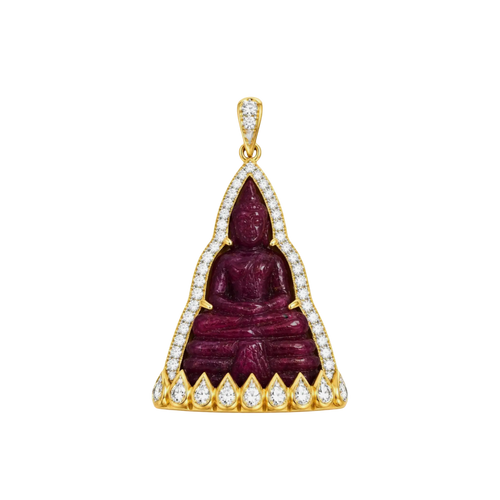 JP0109L - Carved Ruby with Diamond Buddha Pendant set in 18K Gold Setting
