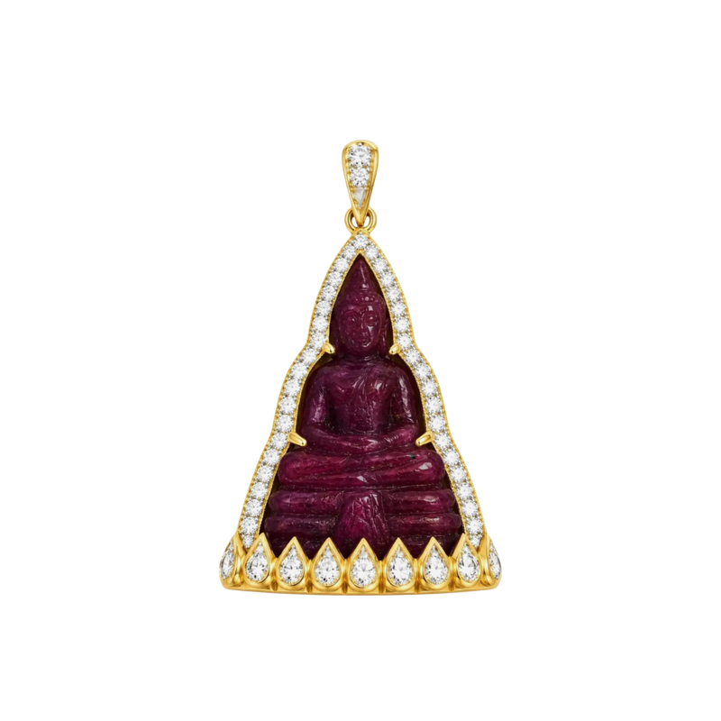 JP0109L - Carved Ruby with Diamond Buddha Pendant set in 18K Gold Setting