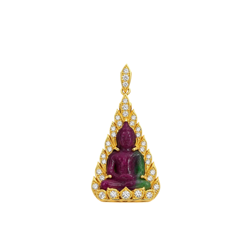 JP0087L - Carved Ruby and Zoisite with Diamond Buddha Pendant set in 18K Gold Setting