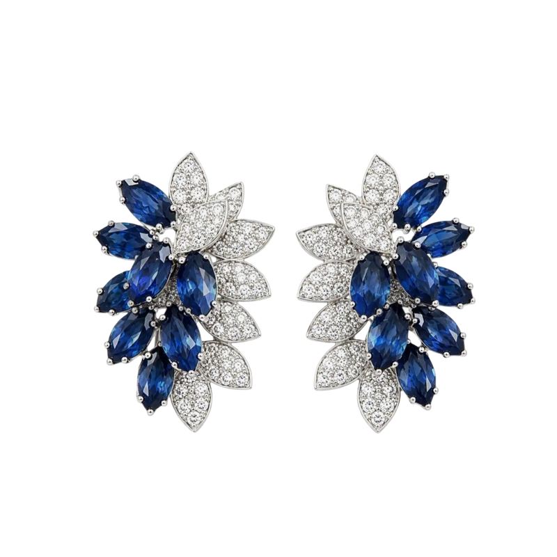 JE0032K - Marquise Blue Sapphires with Diamond Earrings set in 18K White Gold Setting