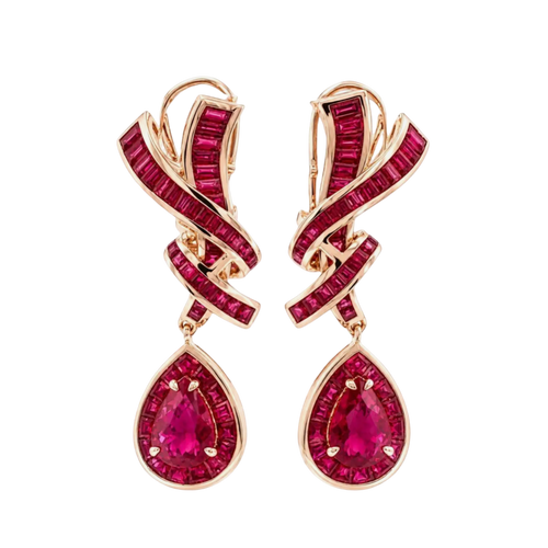 JE0352K - Ruby Dangling Earrings Set in 18K Rose Gold Setting