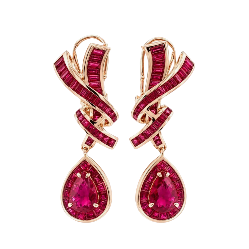 JE0352K - Ruby Dangling Earrings Set in 18K Rose Gold Setting