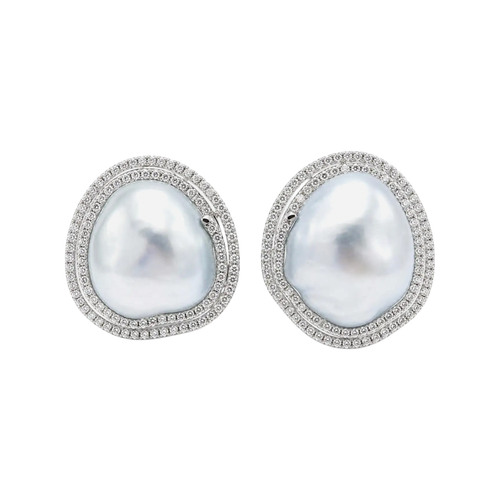 JE0424L - Baroque South Sea Pearl with Diamond Earrings set in 18K White Gold Setting