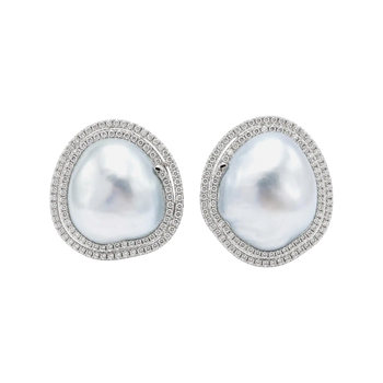 JE0424L - Baroque South Sea Pearl with Diamond Earrings set in 18K White Gold Setting
