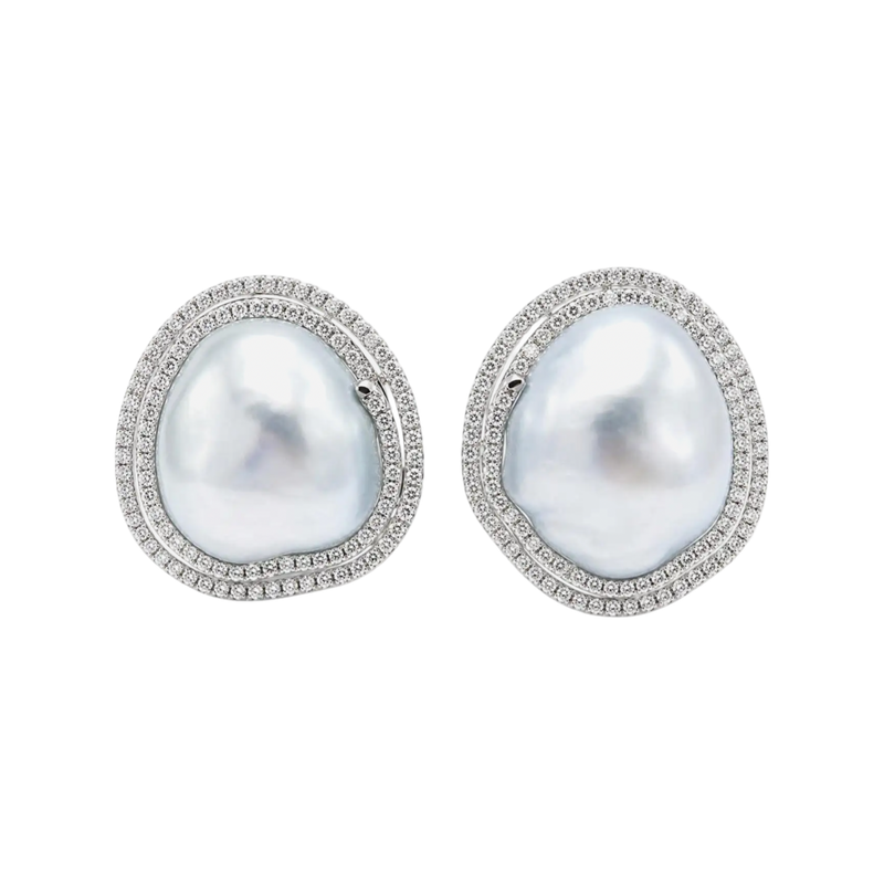 JE0424L - Baroque South Sea Pearl with Diamond Earrings set in 18K White Gold Setting
