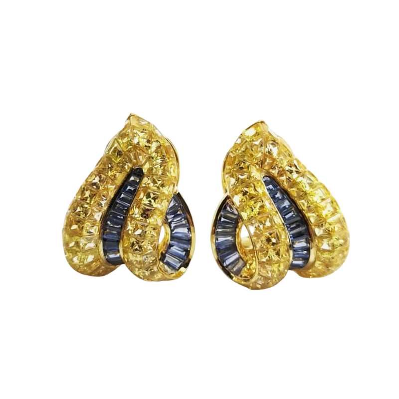 JE0364K - Invisible Set Yellow and Pastel Blue Sapphire Earrings Set in 18K Gold Setting