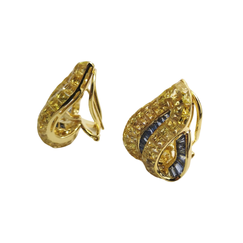 JE0364K - Invisible Set Yellow and Pastel Blue Sapphire Earrings Set in 18K Gold Setting