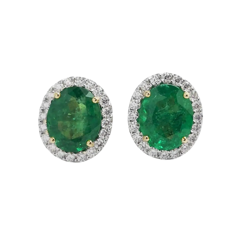 JE0221K - Emerald and Diamond Halo Earrings Set in 18K Gold Setting