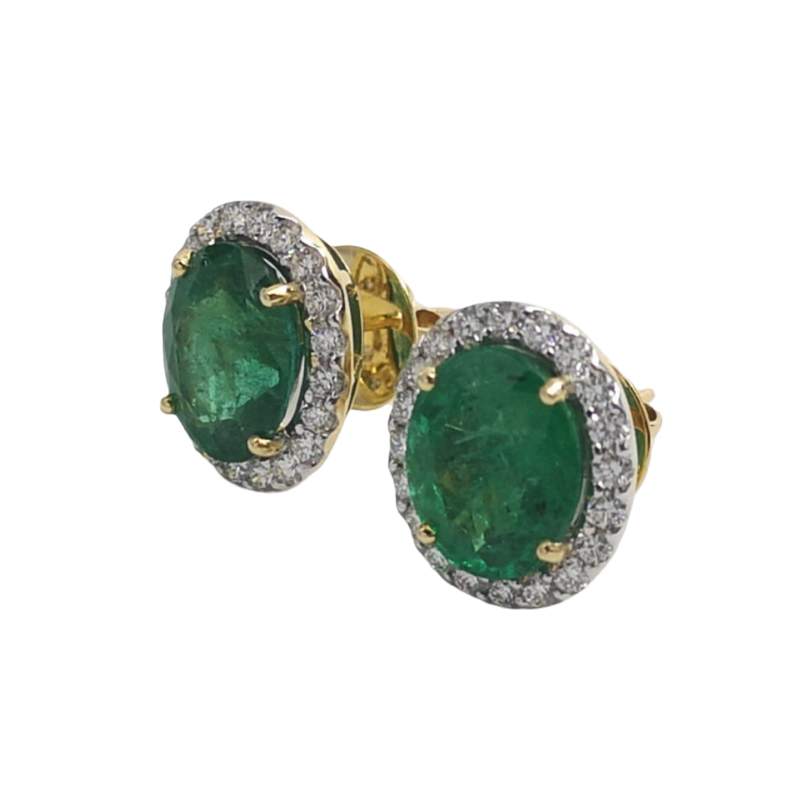 JE0221K - Emerald and Diamond Halo Earrings Set in 18K Gold Setting
