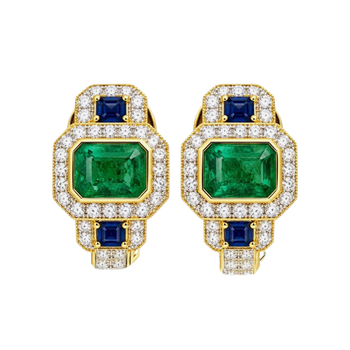 JE0245K - Emerald, Blue Sapphire, and Diamond Earrings Set in 18K Gold Setting