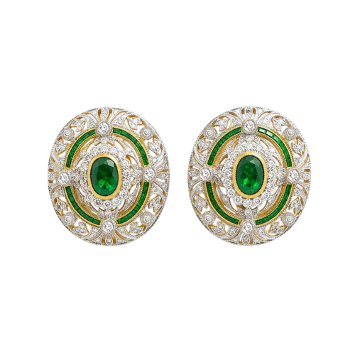 JE0362L - Emerald with Diamond Art Deco Style Earrings set in 18K Gold Setting