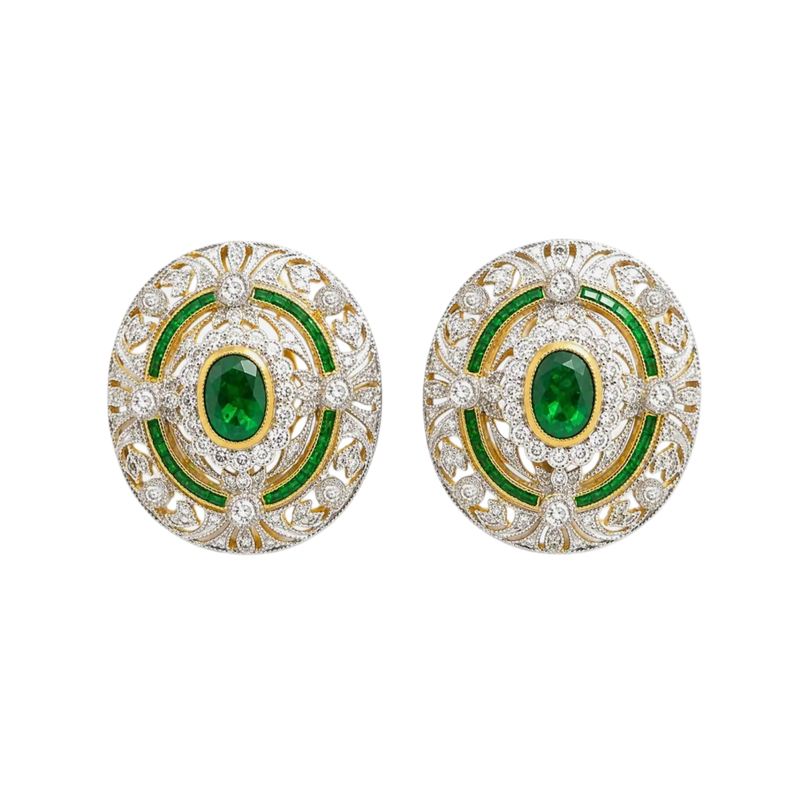 JE0362L - Emerald with Diamond Art Deco Style Earrings set in 18K Gold Setting