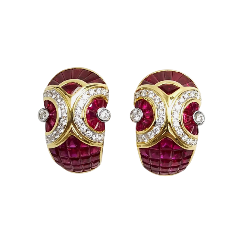 JE0284K - Invisible Set Ruby With Diamond Earrings Set in 18K Gold Setting